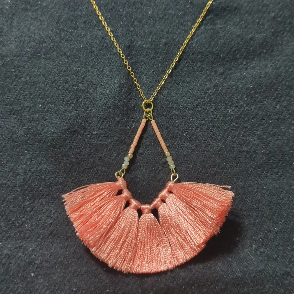 Gold Tone Salmon Pink Beaded Silk Tassel Fan Pendant Statement Necklace